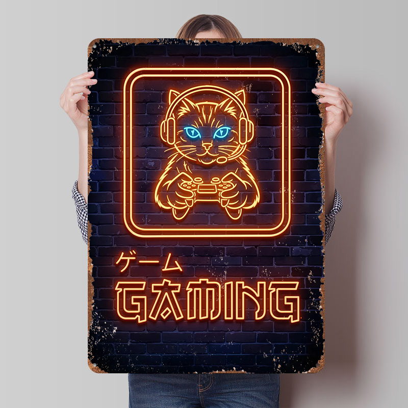 Retro Gaming At - Neon Gaming Cat Printed Poster Customized