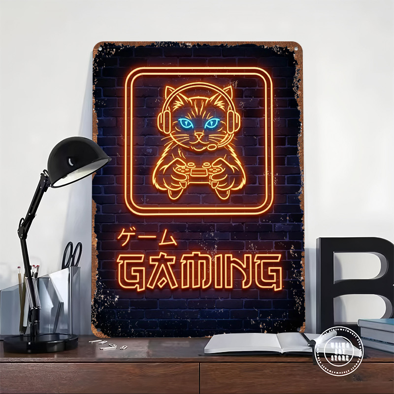 Neon Gaming Cat Printed Poster - Retro Gaming At ulasan dan harga